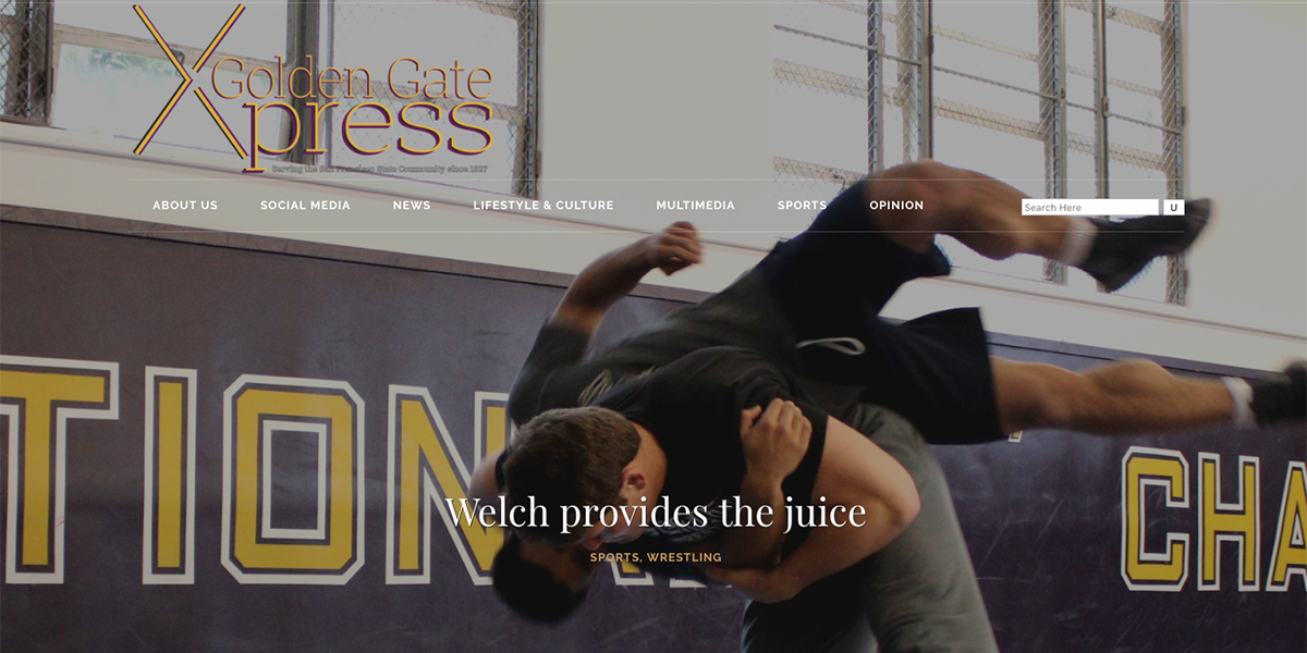Screen shot of Golden Gate Xpress home page with wrestling photo and headline Welch provides the juice